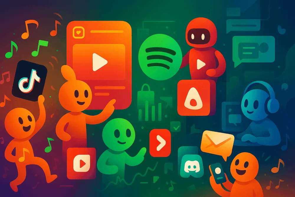 Cartoon characters using TikTok, Spotify, YouTube, Discord, and email for music promotion.
