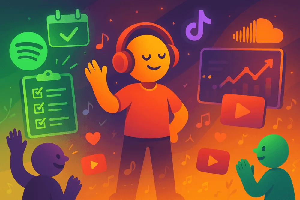 Cartoon artist surrounded by music platforms, planning tools, and supportive fans.