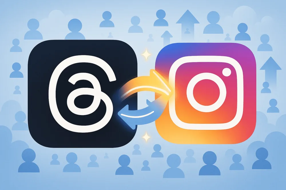 Illustration of Threads and Instagram app icons connected by arrows with follower icons in background