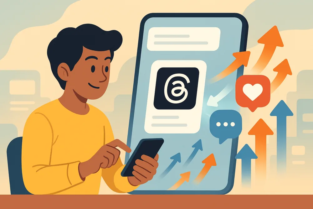 Cartoon user posting on Threads app with rising arrows and engagement icons