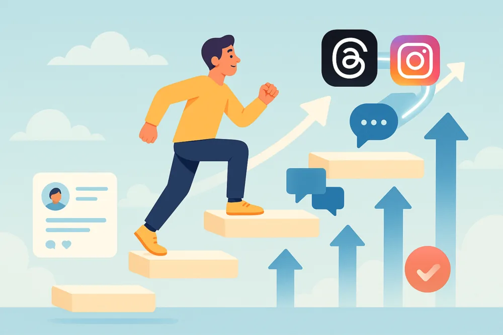Flat illustration of user climbing steps with Threads and Instagram icons and growth arrows
