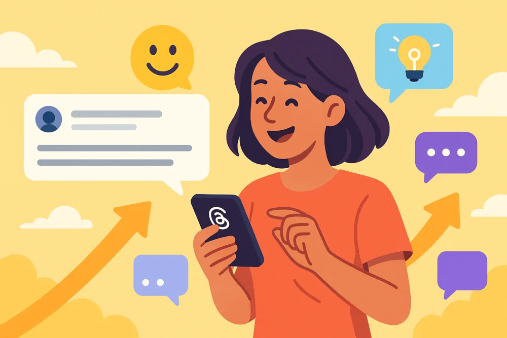 Cartoon woman posting on Threads with smiley face, message bubbles, and upward arrows