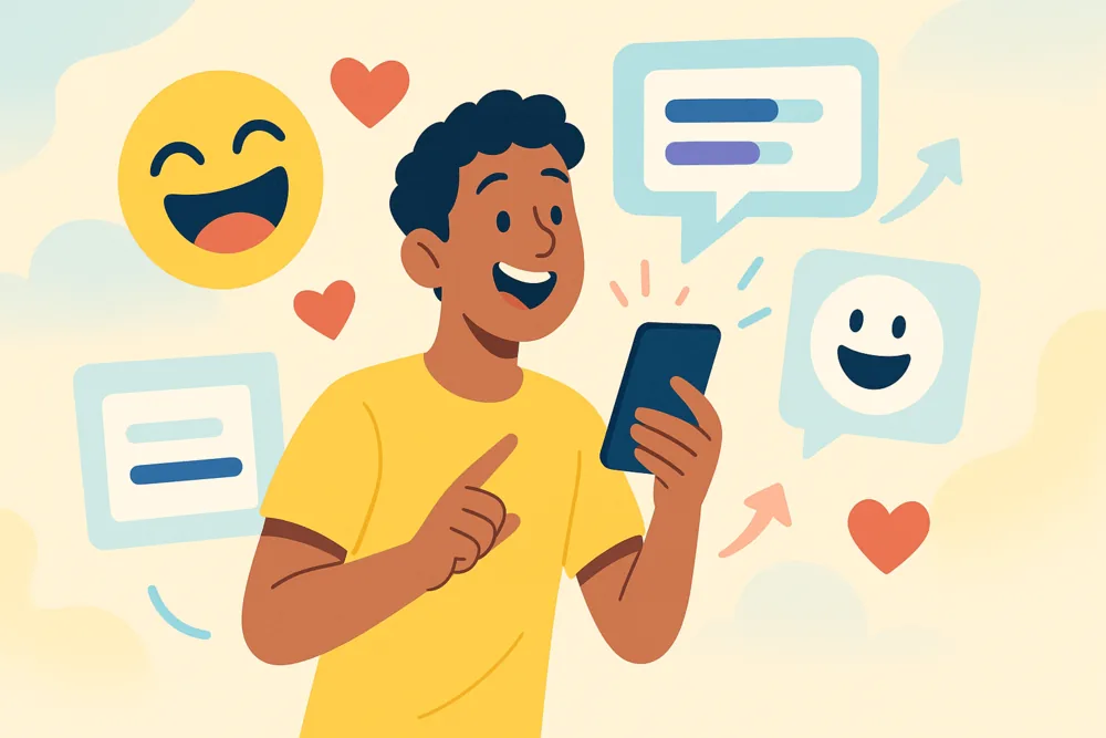 Cartoon user reacting to funny Threads post with emojis, polls, and hearts around