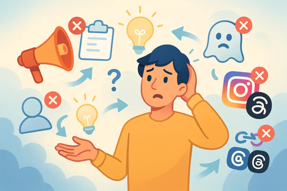 Confused cartoon user surrounded by icons of common Threads mistakes with fix arrows and lightbulbs