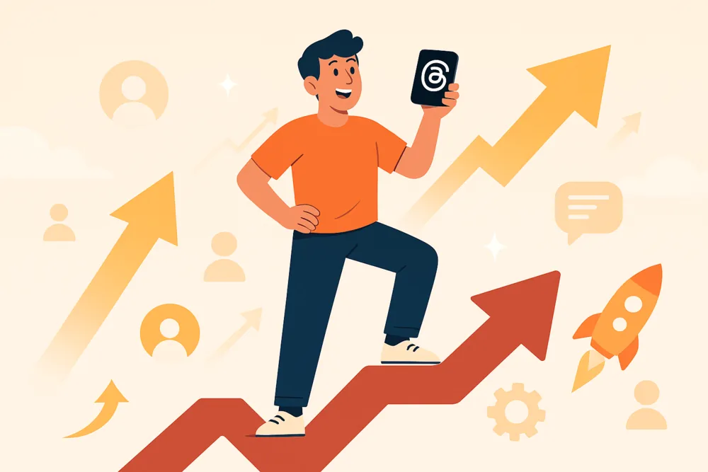 Cartoon user holding Threads app while standing on rising arrow with growth icons and rocket