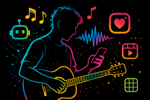 Neon silhouette of a musician using AI tools and Instagram icons to promote music with a guitar and smartphone
