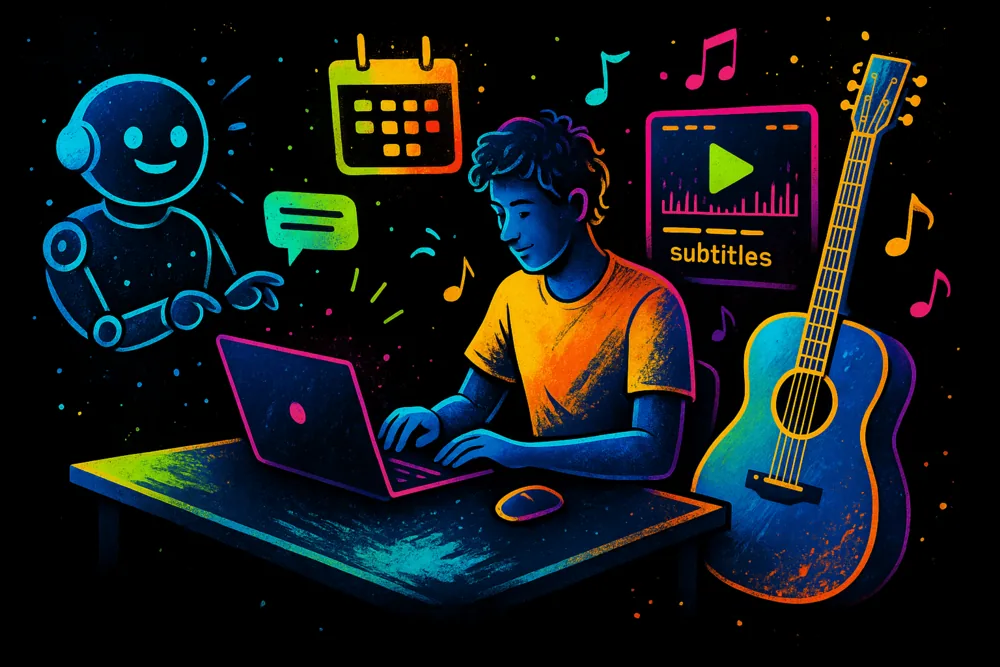 Musician using AI to edit videos and schedule music posts in a neon-style creative setup.