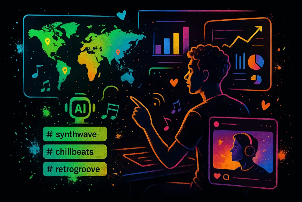 Musician using AI to analyze global audience and hashtags.