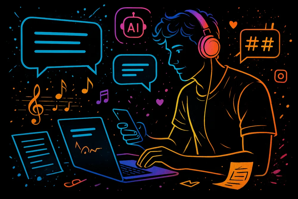 Artist creating music captions and hashtags using AI.

