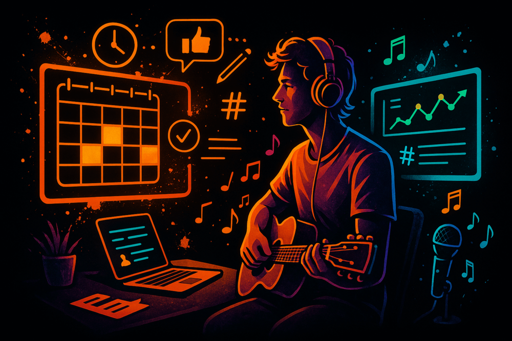 Musician planning social posts with AI calendar tools.