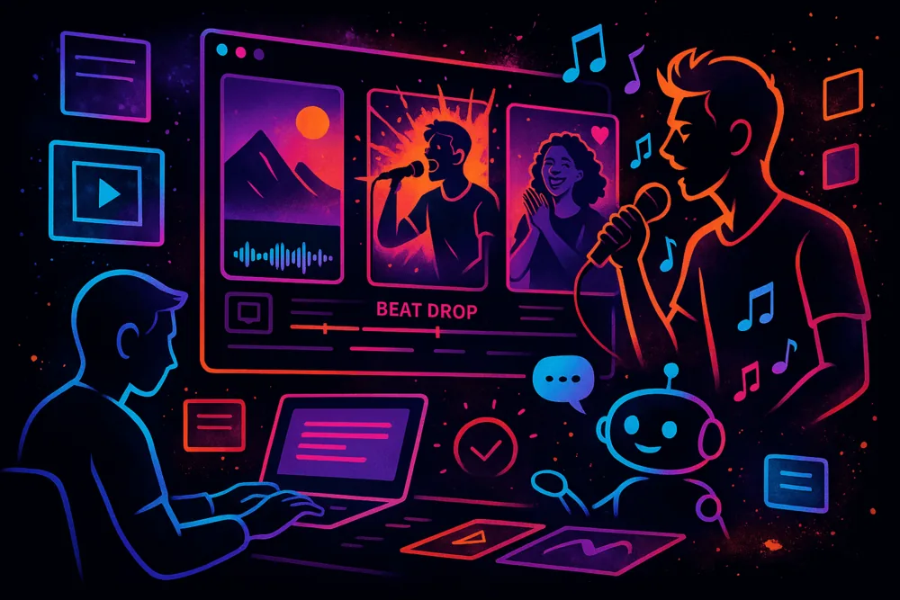 Artist editing reel variations using AI video tools.