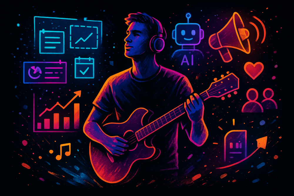 Guitarist using AI and growth tools for music promotion.