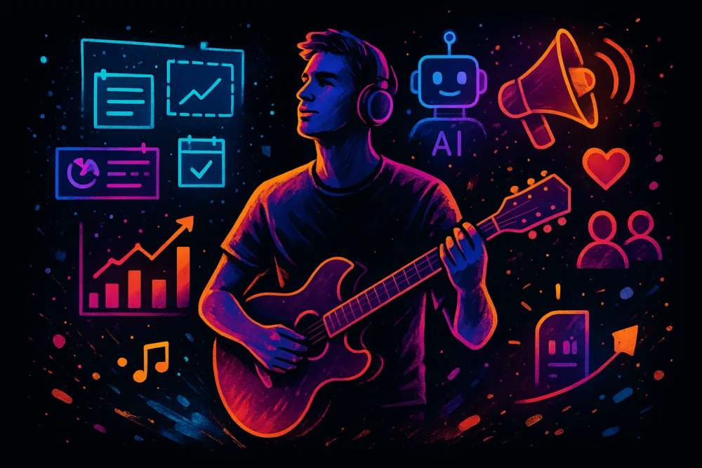 Guitarist using AI and growth tools for music promotion.