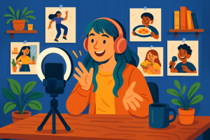 A young creator shares her thoughts on camera, surrounded by snapshots of the passions that inspire her.