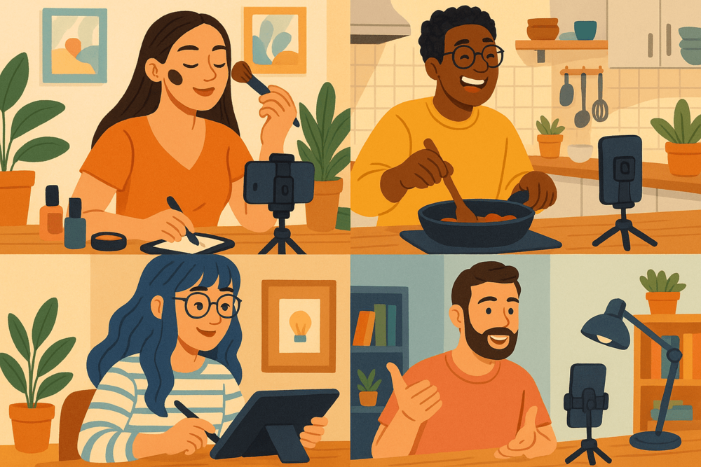 Four TikTok creators filming content in different niches: beauty, cooking, digital art, and education.