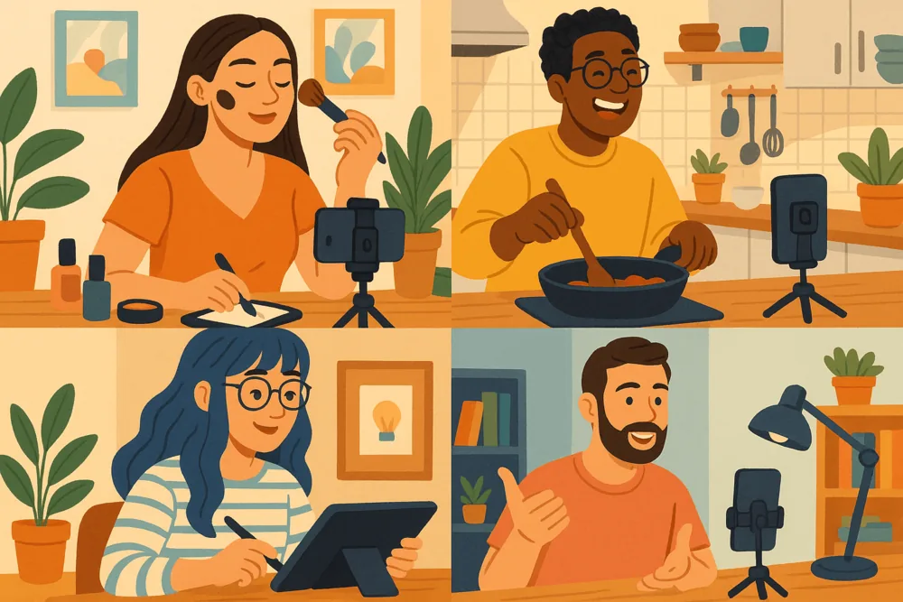 Four TikTok creators filming content in different niches: beauty, cooking, digital art, and education.