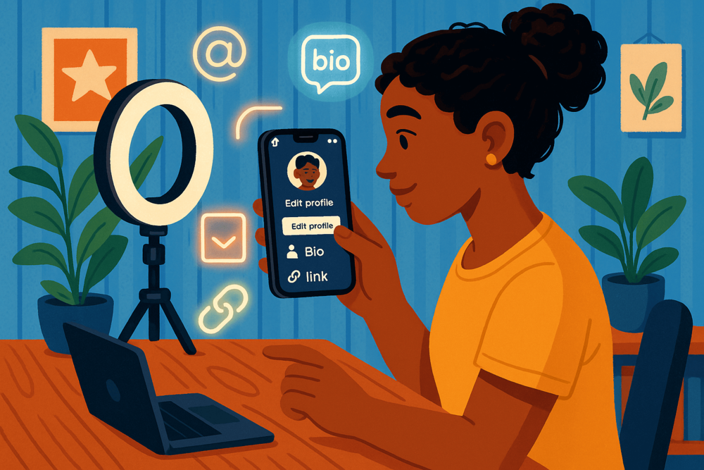A TikTok creator edits their profile using a smartphone, surrounded by icons for bio, username, and link.