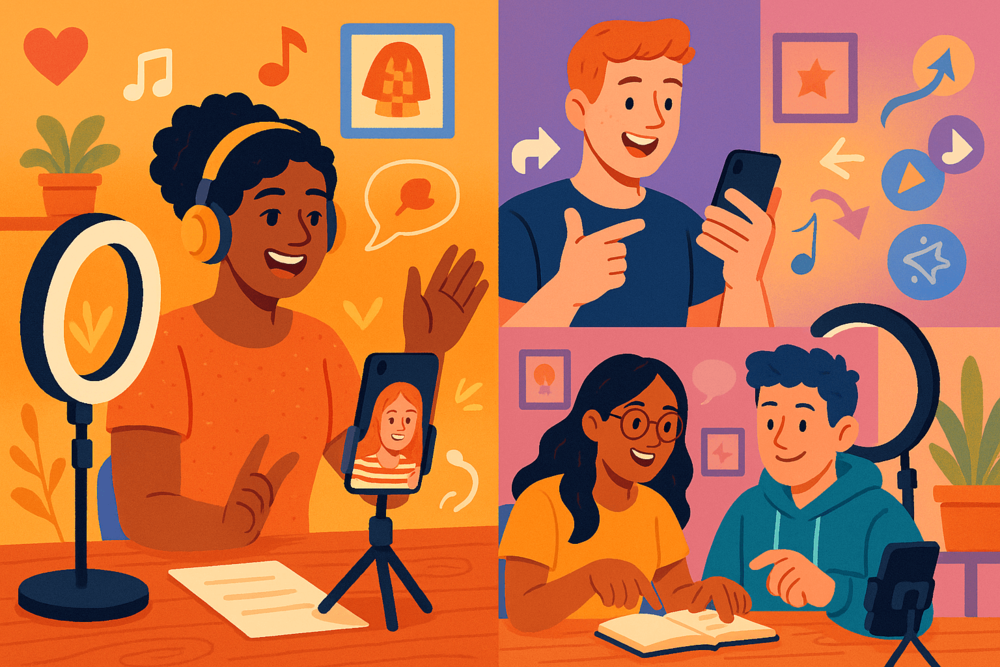 TikTok creators filming music, educational, and reaction content in different colorful settings with tripods and ring lights.