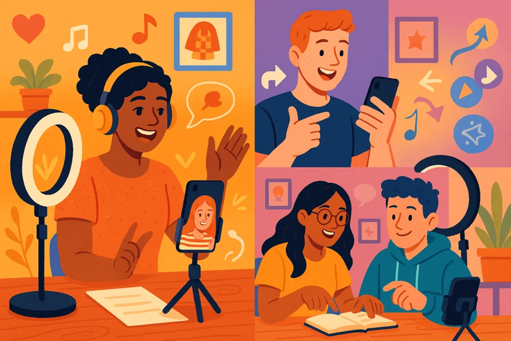 TikTok creators filming music, educational, and reaction content in different colorful settings with tripods and ring lights.