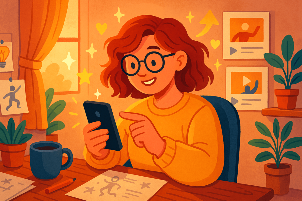 A TikTok creator smiles while checking her phone, surrounded by content ideas, sketches, and video previews.