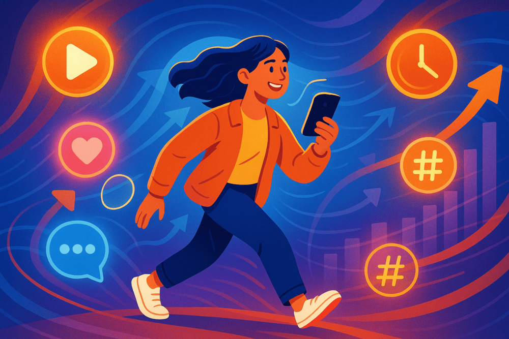 A TikTok creator walks confidently with a phone, surrounded by glowing icons for likes, comments, hashtags, and watch time.