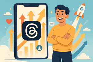 Cartoon illustration of Threads app growth with user and rising arrows