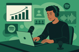 Person recording podcast with Spotify growth chart on screen