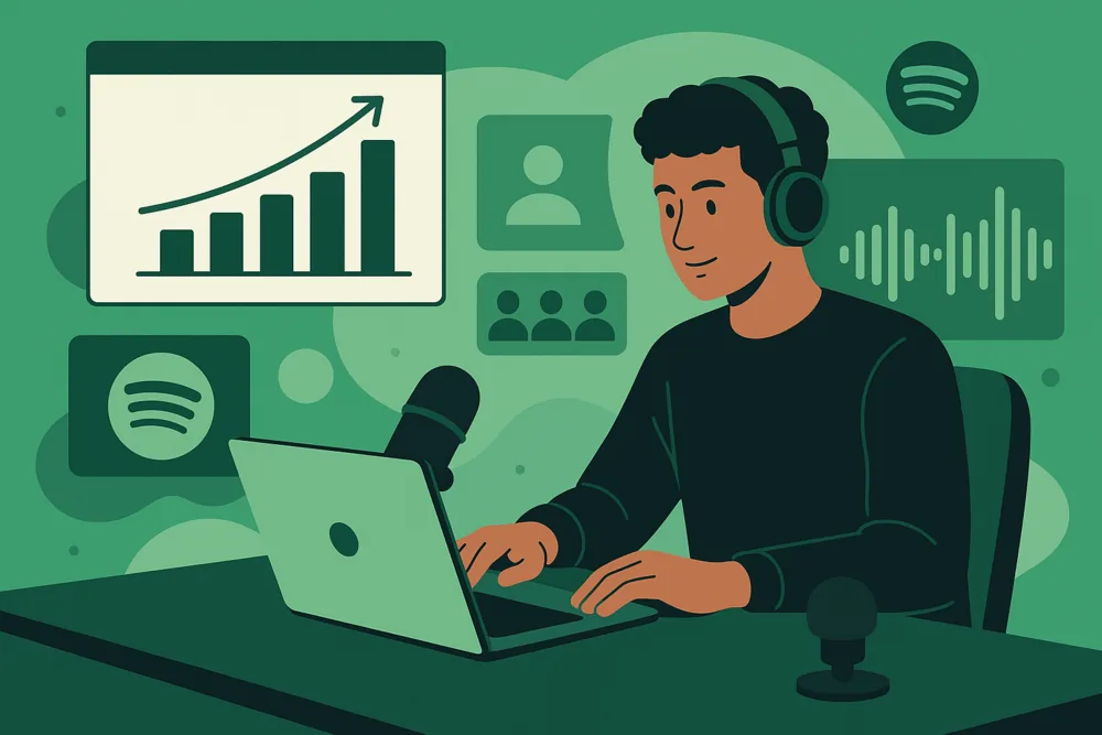 Person recording podcast with Spotify growth chart on screen