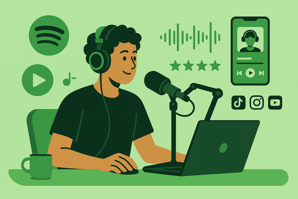 Podcast creator recording with Spotify and social media icons