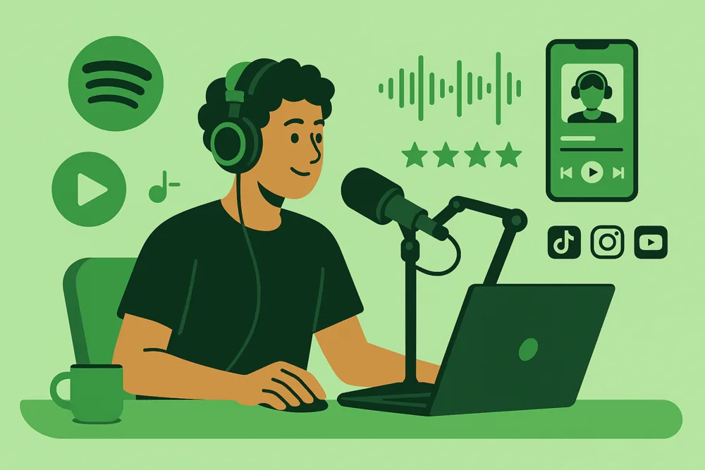 Podcast creator recording with Spotify and social media icons