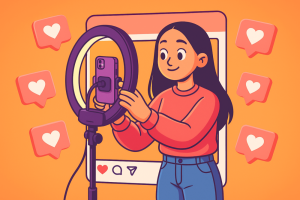 Cartoon Instagram creator setting up phone on ring light with heart icons.