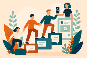 People climbing chat bubbles toward Threads monetization success illustration