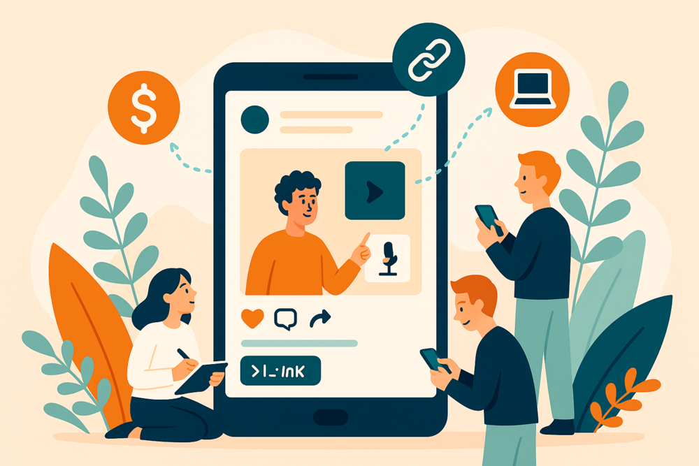 Creators using affiliate links and digital tools to monetize Threads audience illustration