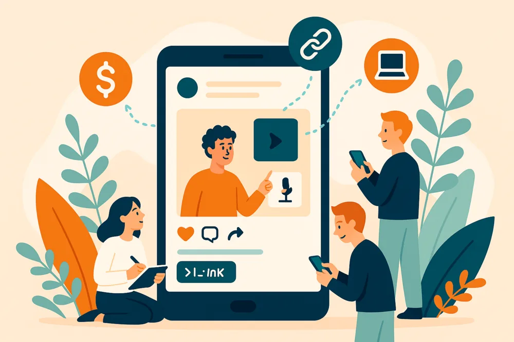 Creators using affiliate links and digital tools to monetize Threads audience illustration