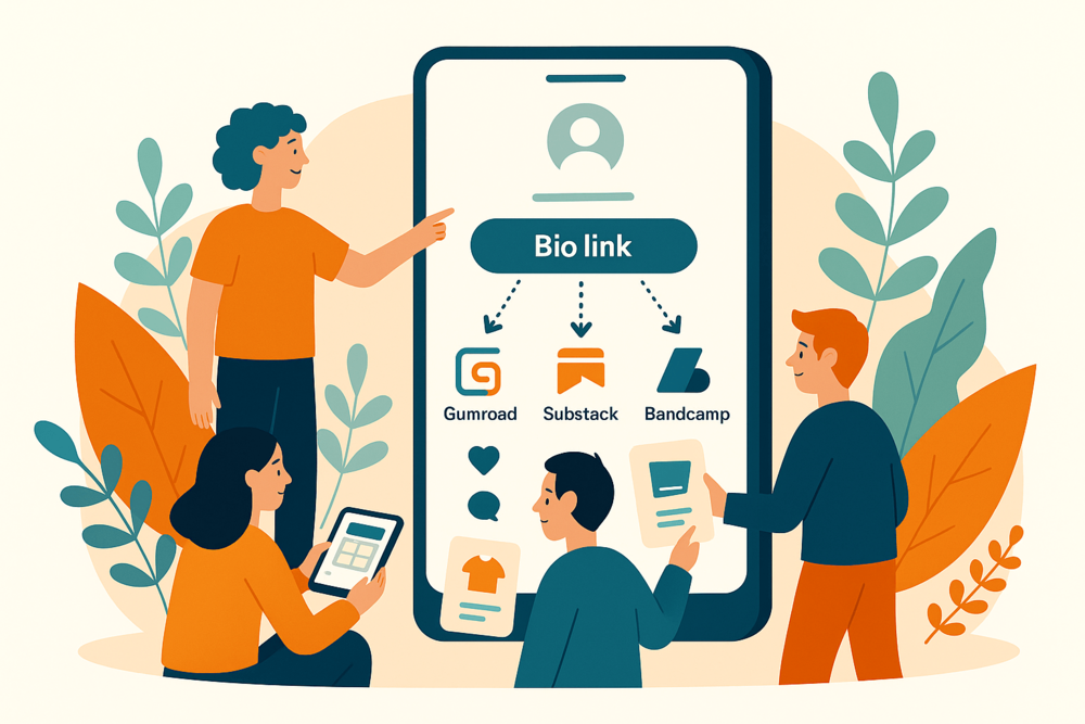 Creators promoting products through bio links on Threads to platforms like Gumroad, Substack, and Bandcamp illustration