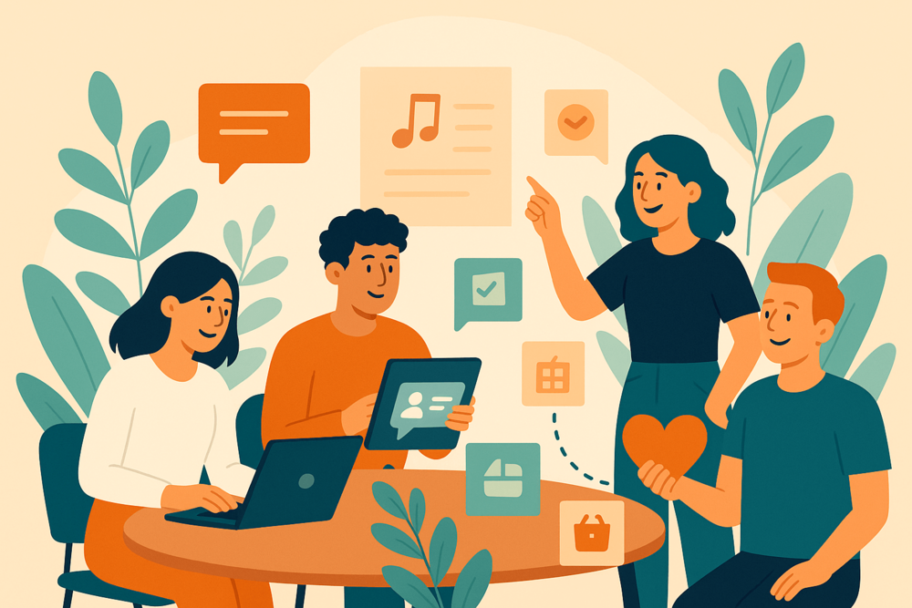 Creators collaborating to develop and share digital products on Threads illustration