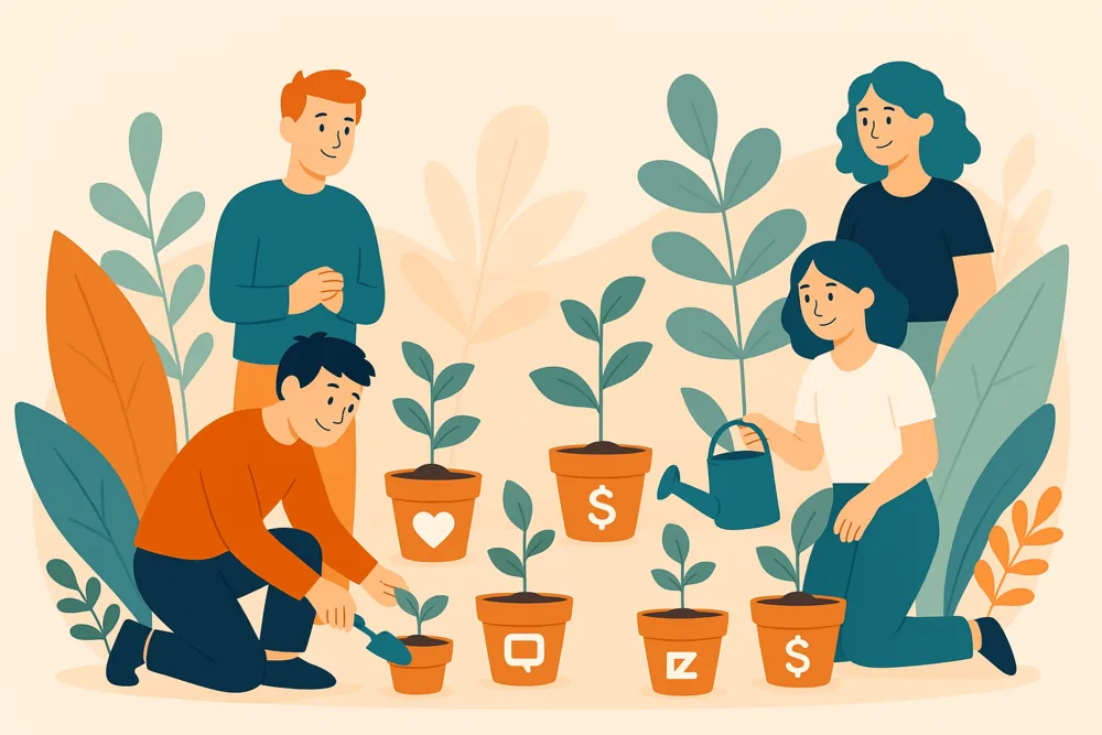 People nurturing potted plants with social media and monetization icons to grow a Threads audience illustration