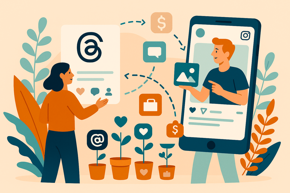 People connecting Threads and Instagram content to increase reach and monetization illustration