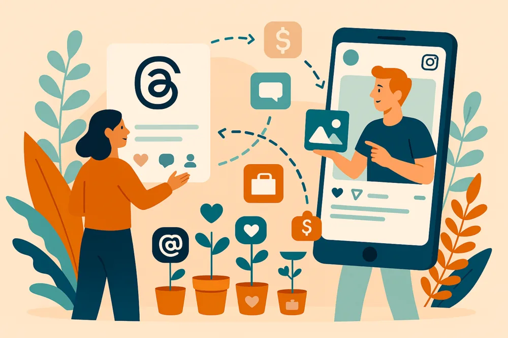 People connecting Threads and Instagram content to increase reach and monetization illustration