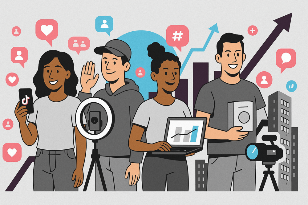 Group of TikTok influencers creating content with phones, lights, and cameras