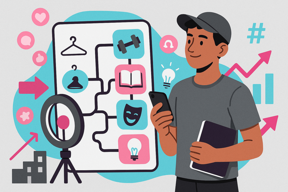 TikTok creator planning niche content with strategy icons