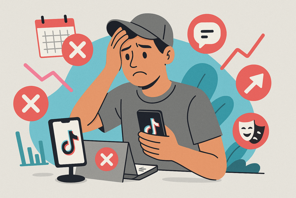 Frustrated TikTok creator facing common content mistakes and poor analytics