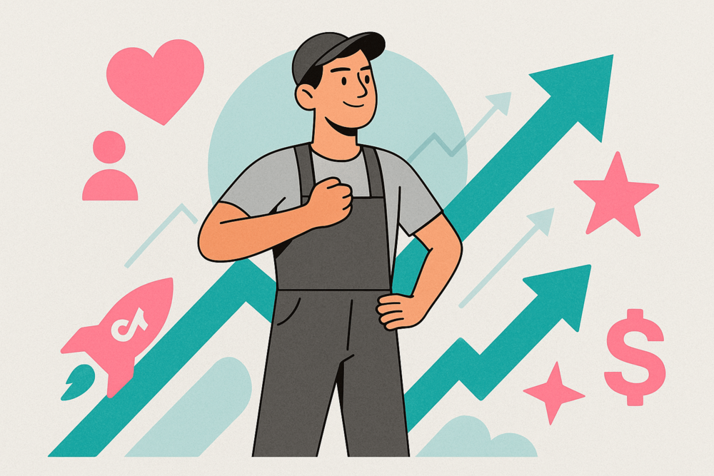 Confident TikTok creator with rising growth, success, and engagement symbols