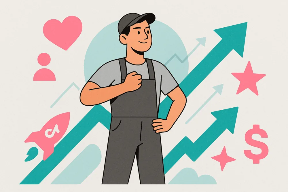 Confident TikTok creator with rising growth, success, and engagement symbols