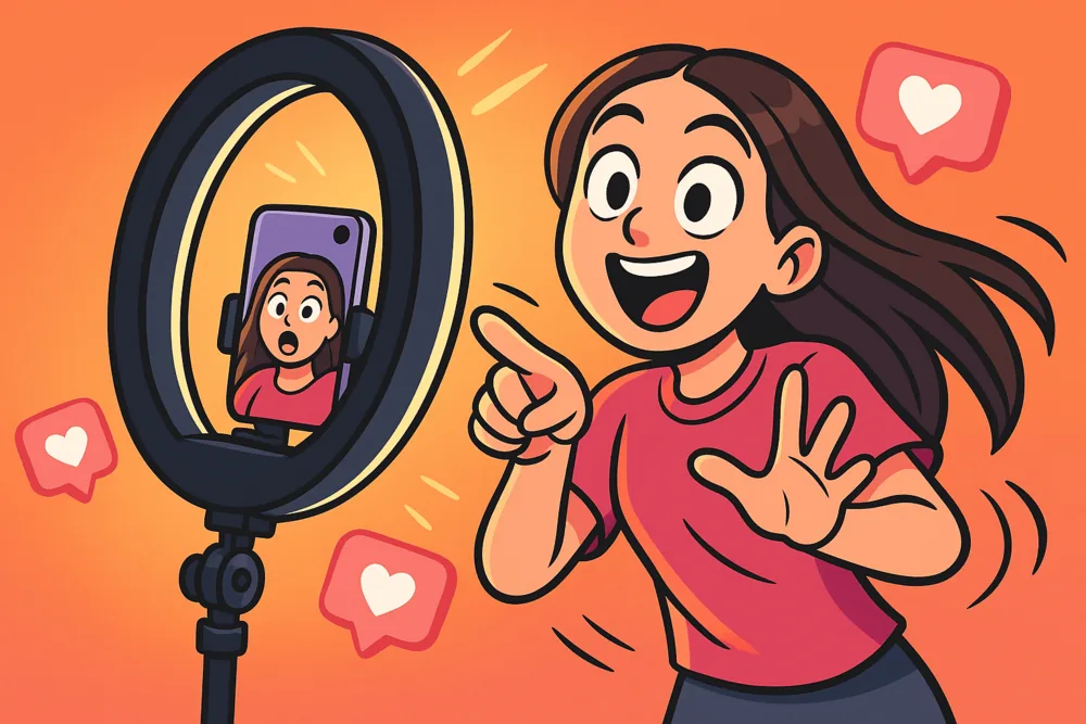 Cartoon Instagram creator recording a Reel with ring light and heart icons.