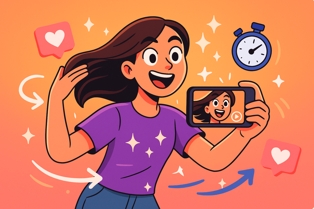 Cartoon Instagram creator filming a short Reel with stopwatch and heart icons.