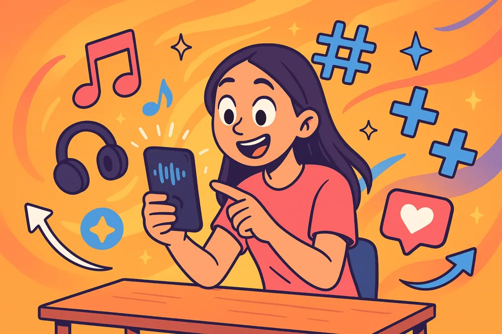 Cartoon Instagram creator using trending audio and hashtags on smartphone.