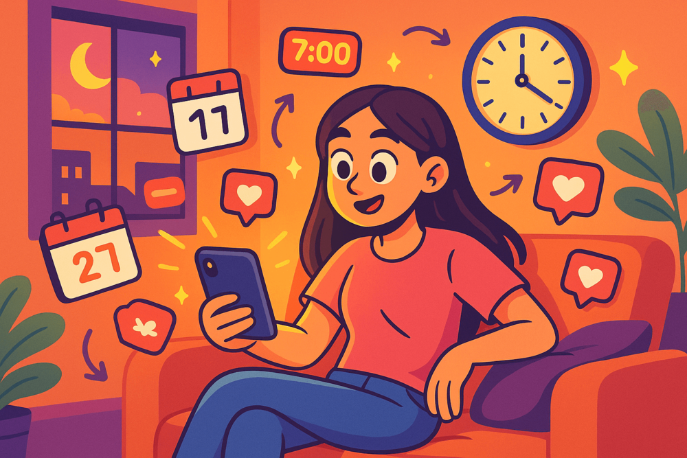 Cartoon Instagram creator checking best posting times with clock and calendar icons.