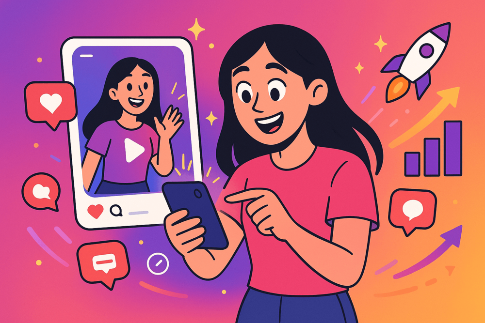 Cartoon Instagram creator engaging with followers after posting a Reel with growth icons.