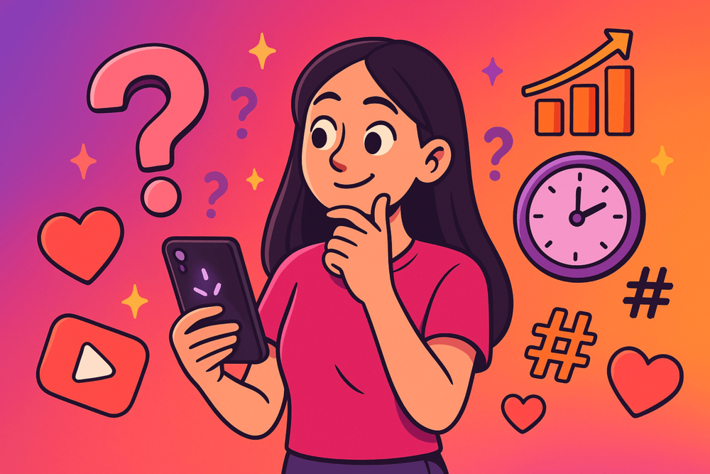Cartoon Instagram creator looking at phone with question mark, clock, and hashtag icons.